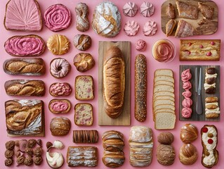 Pink Pastry & Bread Variety Flatlay Photography