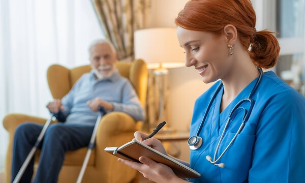 Smiling healthcare worker writing notes, senior patient in background