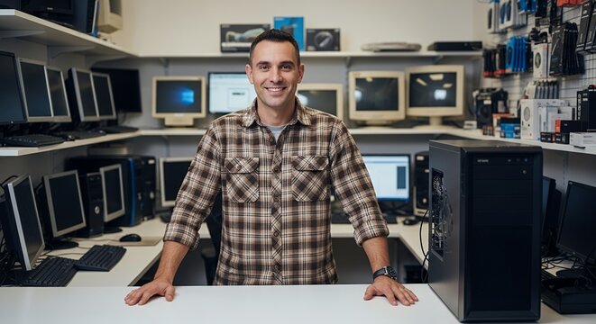 Smiling man in computer store, surrounded by computers and technology