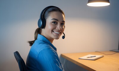 Smiling woman wearing headset, customer service, support agent, helpdesk, online assistance, communication, technology, office worker, 