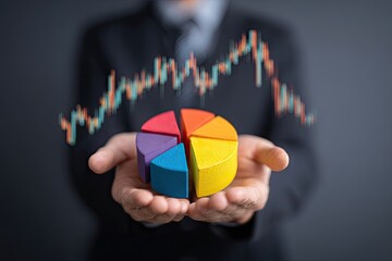 Businessperson analyzing colorful pie chart, stock market graph background, financial data presentation