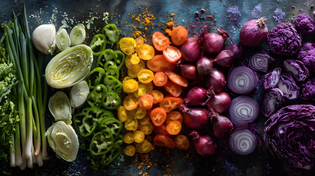 Top-Down View of Rainbow Vegetables Arranged by Color for Salad
