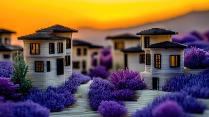 Fototapeta premium Miniature village scene with lavender and houses at sunset.