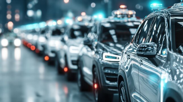Medium shot of a fleet of autonomous cars lined up with a blurred background highlighting the organized arrangement for efficient selfdriving lot management.