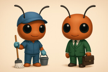 Labor Day Office Concept Cute Ant Executive and Janitor - Neutral Background - 3D Illustration