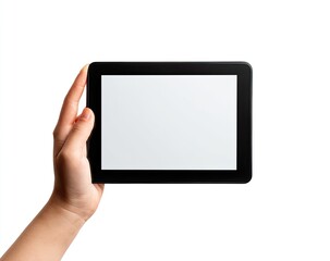 A hand holds a black tablet with a blank white screen (1)