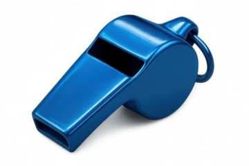Metallic blue whistle lying isolated on a transparent background, ready for signaling and refereeing