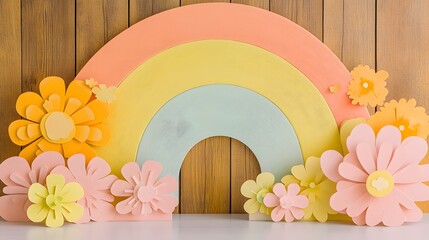 Pastel Rainbow Backdrop with Paper Flowers Spring Summer Background