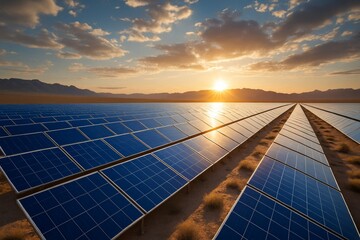 Majestic solar panel array stretches across desert landscape, harnessing energy under golden sunset, clean energy source, sustainable future, ecological power.