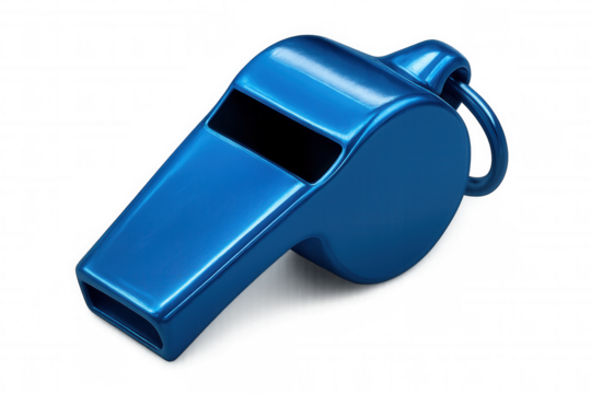 Metallic blue whistle lying isolated on a transparent background, ready for signaling and refereeing