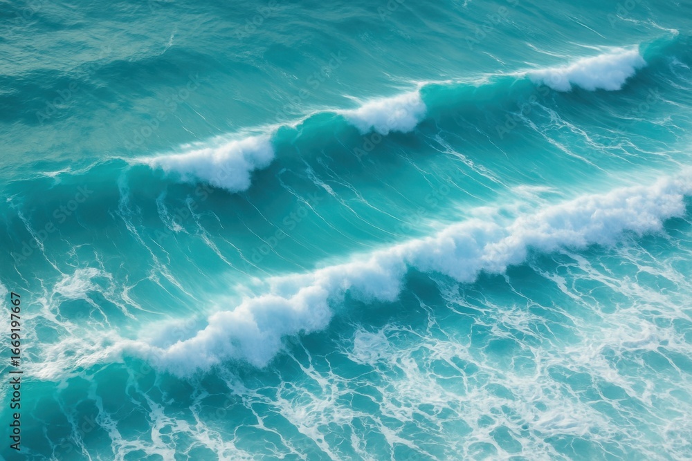 Poster aerial view of turquoise ocean waves with white foam creating natural patterns and textures from abo