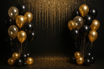 Celebration scene with gold and black balloons confetti falling for graduation ceremony or milestone achievement party