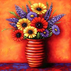 Vibrant Flower Bouquet in Red Vase, Impasto Painting