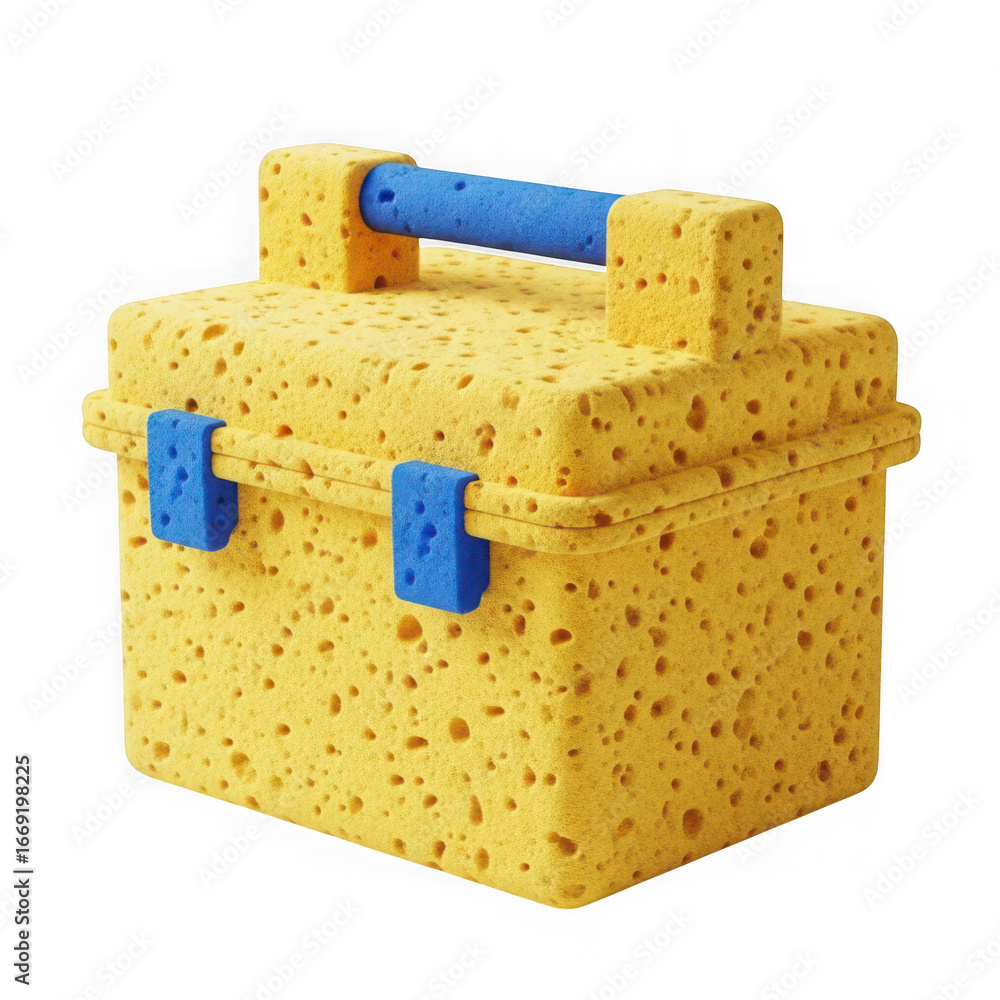 Poster 3d icon of a yellow sponge toolbox with a blue handle and blue clasps, isolated on transparent backg
