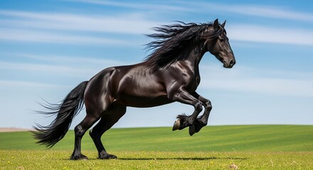 A Majestic Black Horse Leaping Across a Green Field Under a Blue Sky