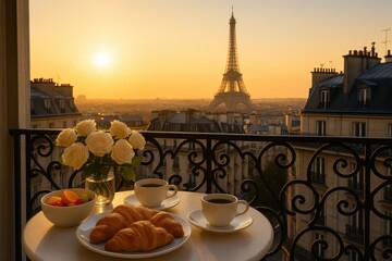 Luxurious parisian breakfast spread on balcony terrace overlooking iconic eiffel tower at sunrise