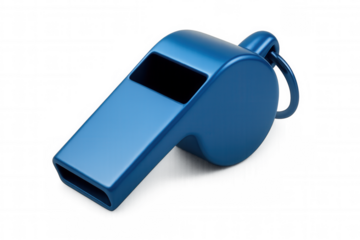 3d rendered blue whistle, transparent backdrop, symbolizing sports, safety, communication, referee signaling