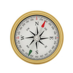 3d icon of a classic brass compass with a white face and red and green pointers, isolated on a transparent background