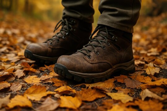 Female hiker boots on forest trail with autumn leaves creating adventure and outdoor exploration scene