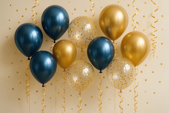 Festive celebration setup with metallic blue and gold balloons for birthday anniversary or special occasion