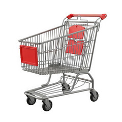 3d icon of a metal shopping cart with red accents, isolated on a transparent background, ready for groceries or retail use