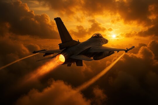 Military F-16 fighter jet soaring through golden sunset sky demonstrating air force power and defense capabilities - Powered by Adobe