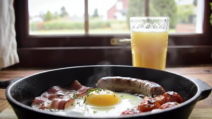 Culinary Breakfast Still Life with Fried Egg Bacon and Sausage in Cast Iron Pan Garnished with Fresh Herbs and a Glass of Orange Juice on Wooden Table by Window Light Ready for Ads and Promotion