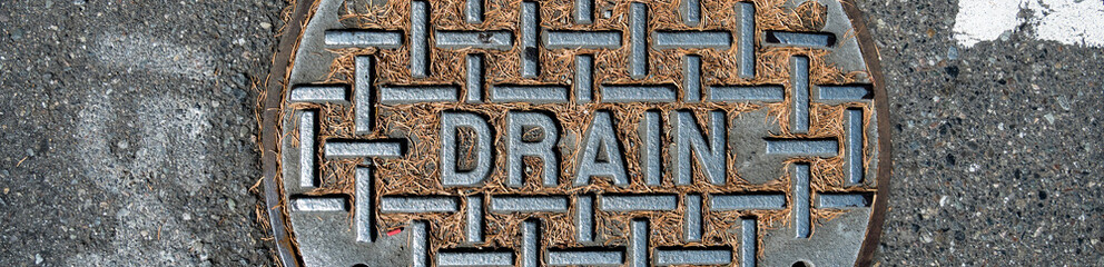 Round iron sewar utility drain access point lid in a asphalt street with orange pine needles on it
