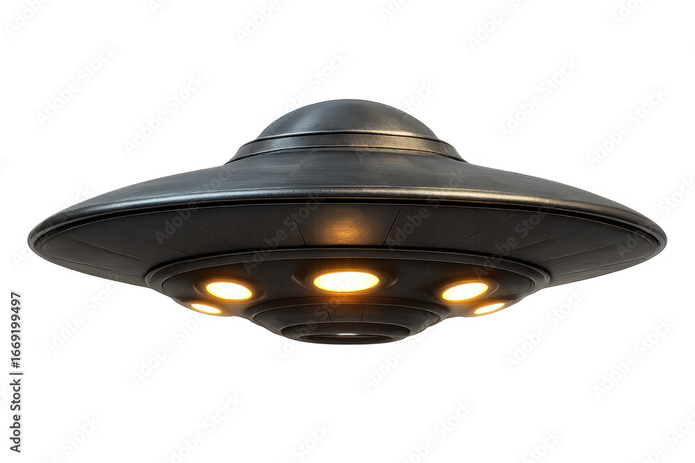 Poster mysterious ufo spacecraft hovering isolated on white background for science fiction and conspiracy t
