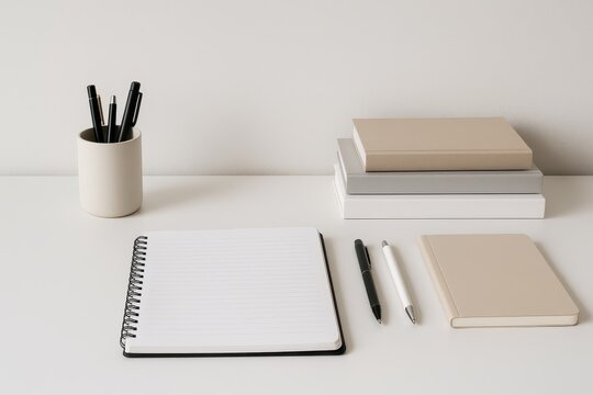Minimalist workspace with organized supplies and blank notebooks ready for productive work session