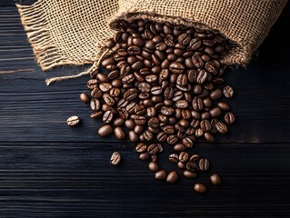 Roasted Coffee Beans Spilling from Burlap Sack on Dark Wood