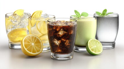 Fototapeta premium Assorted refreshing drinks in glasses with ice and fruit slices.