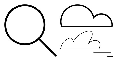 Minimalist magnifying glass alongside two stylized clouds, symbolizing focus, observation, and exploration. Ideal for search, research, environment, innovation, learning evaluation simple landing