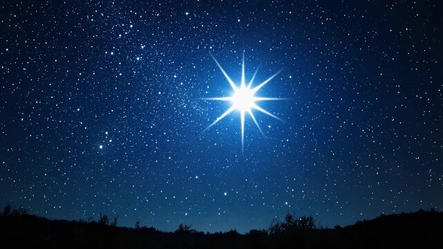 Bright star shining in clear night sky with numerous scattered stars