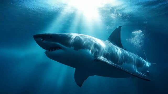 Majestic great white shark gliding through sunlit ocean depths footage
