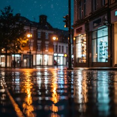 Fototapeta premium Street corner with soft rain reflections