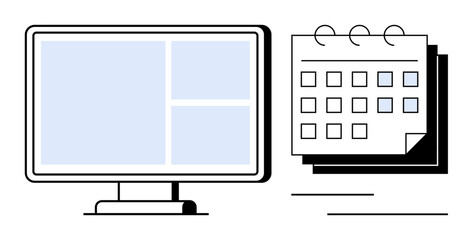 Desktop monitor with visible sections next to a spiral-bound calendar. Ideal for productivity, scheduling, planning, time management, task organization, workflow, and work-life balance. Modern