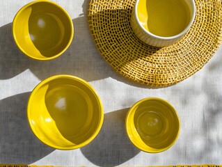 Vibrant Yellow Ceramic Bowls and Rattan Placemat Still Life