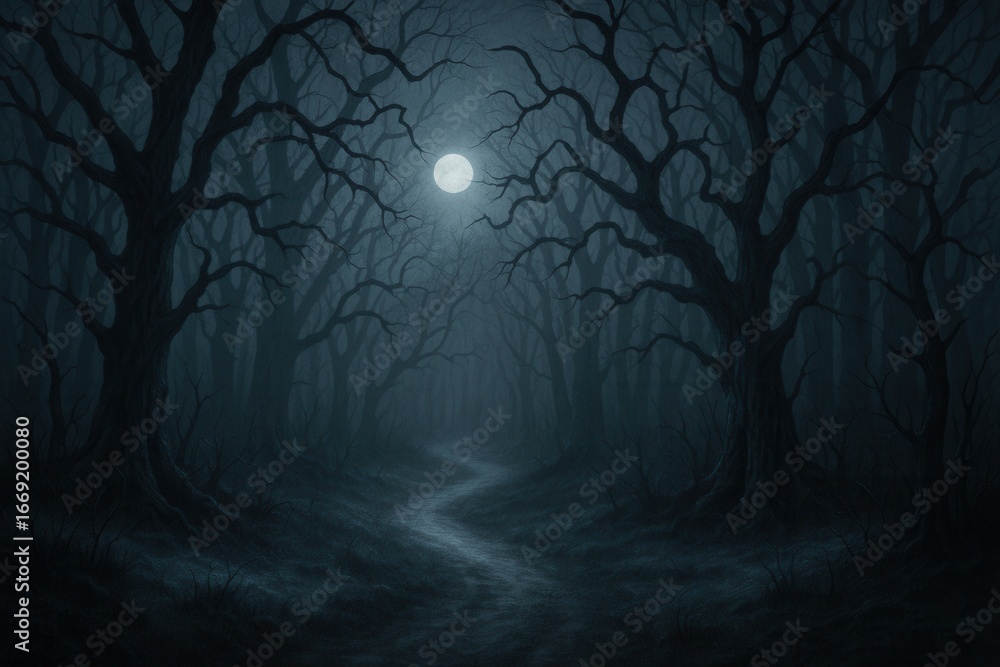 Wall mural mysterious winter forest path with twisted trees creating gothic horror atmosphere