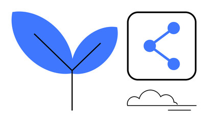 Blue leaf symbolizing growth, connection icon for sharing, and minimal cloud conveying eco-friendly themes. Ideal for sustainability, sharing economy, technology, ecology, innovation, environment