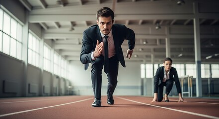 Business Professionals on a Running Track, Ready to Compete