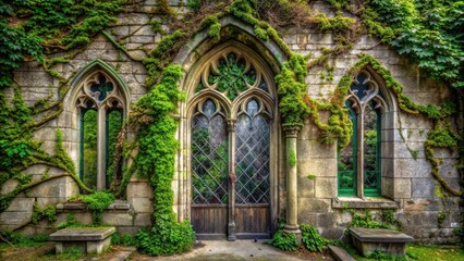 Obraz premium Ancient stone structure with overgrown vegetation, featuring arched windows and a weathered wooden door, creating a serene and mystical atmosphere.