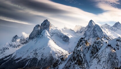 snowy mountain ridge with sharp peaks under cloudy sky in cold winter landscape