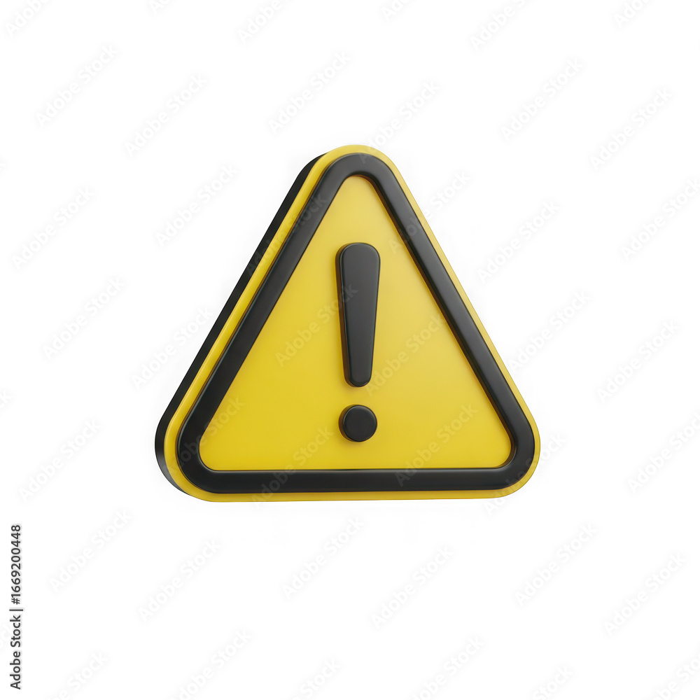 Poster 3d icon of a yellow triangular warning sign with a black border and exclamation mark, isolated on tr