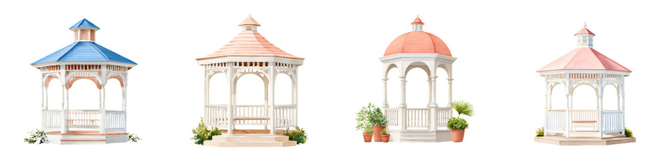 Obraz premium Watercolor Gazebos: Garden Structures with Elegant Details on White Background