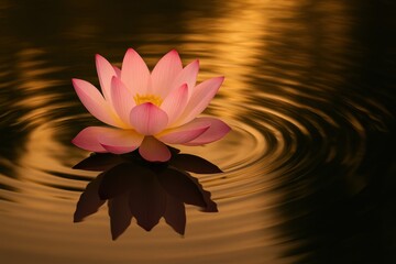 Zen water lily floating on dark pond with golden sunlight creating spiritual meditation scene inspired by Japanese gardens