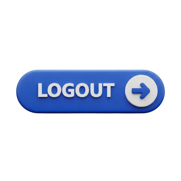 3d icon of blue logout button with white text and arrow icon, isolated on transparent background