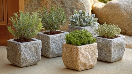 Decorative stone planters with herbs and succulents.