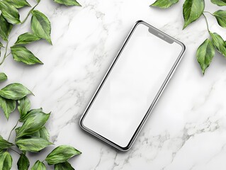 Modern Smartphone Mockup with Green Leaves on Marble