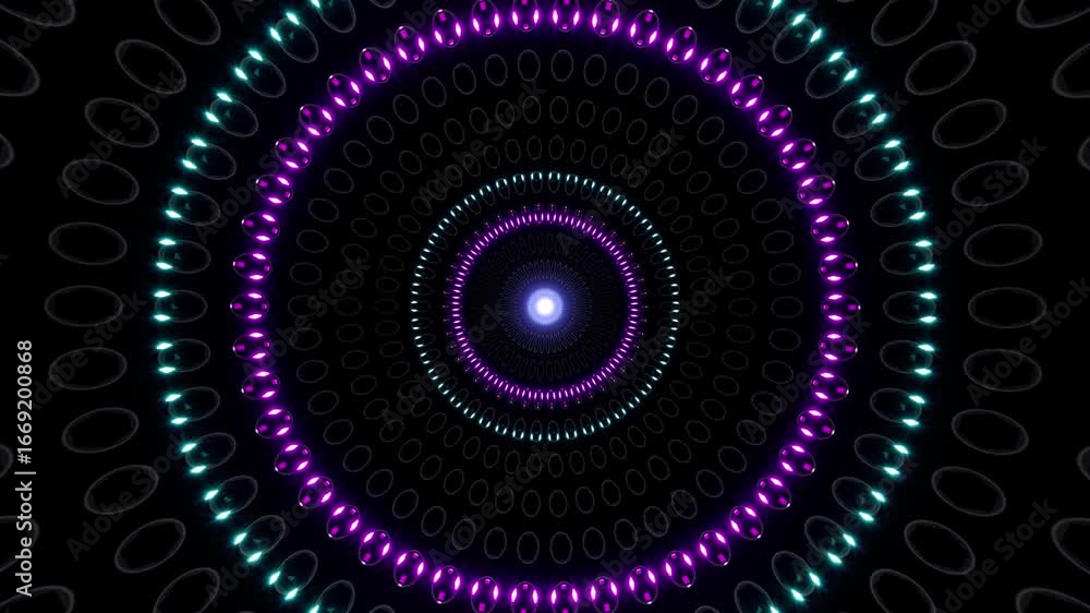 Poster pulsating neon ring animation in a dark digital tunnel